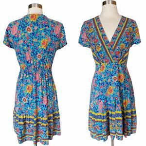 Mini Dress Boho Exotic Print Spell Inspired Blue Cotton Short Sleeves Medium EUC